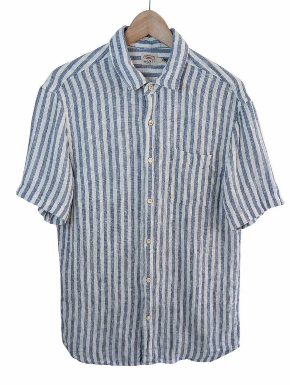 Faherty Men's Palma Linen Shirt Blue White Stripes Shirt Medium